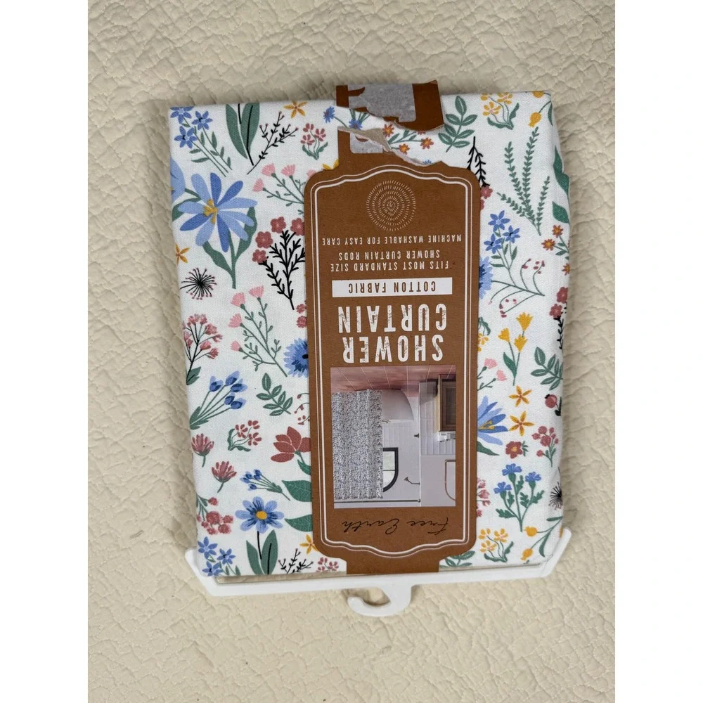 Free Earth Cotton Fabric Shower Curtain Wildflower Floral Print White 72x72 New